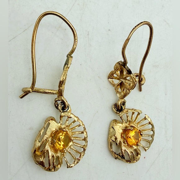 Vintage 10K Yellow Gold Floral Dangle Earrings | Yellow Stones | 2.4g - Picture 10 of 10